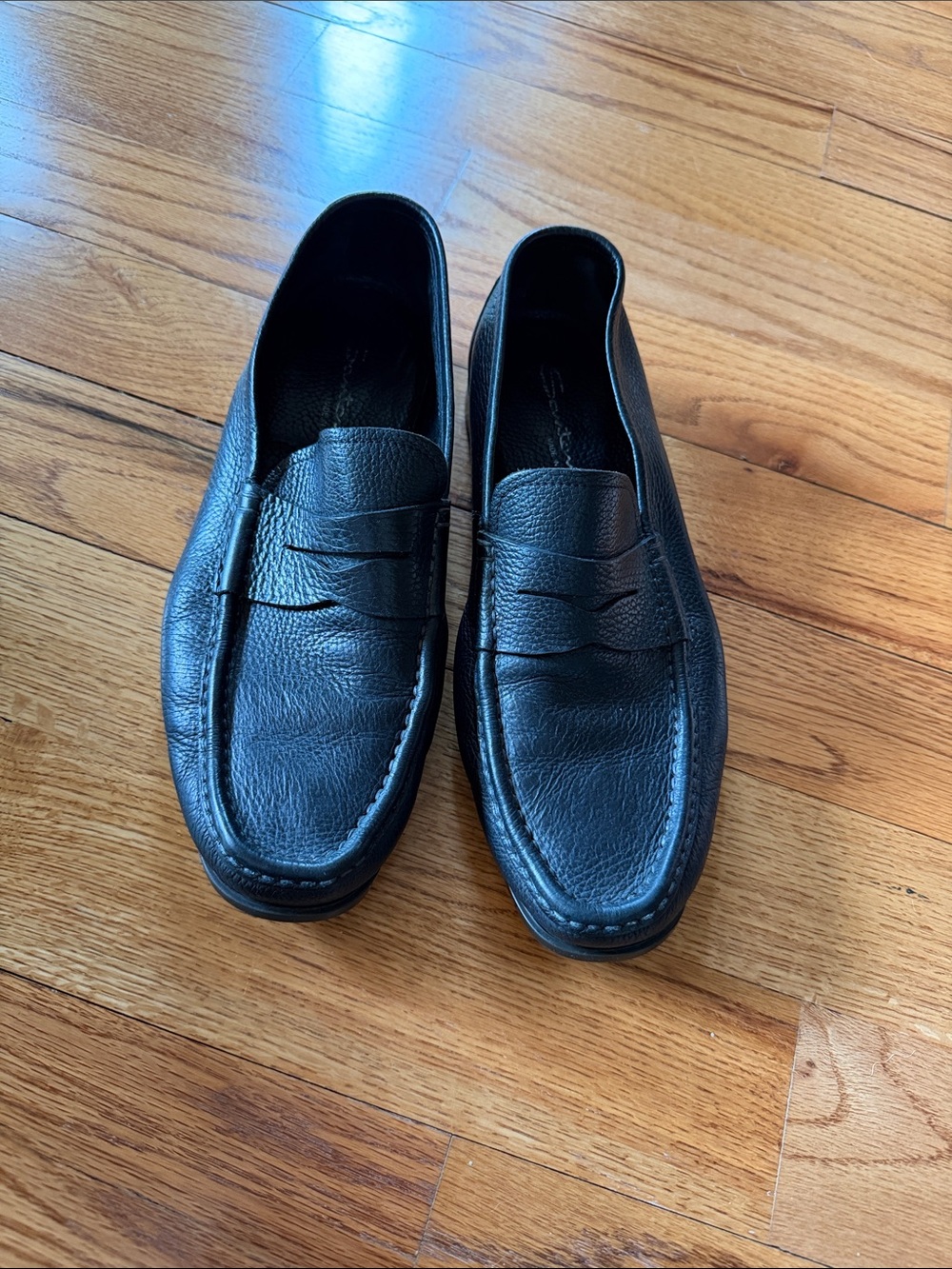 Santoni black pebble leather penny loafers size 11